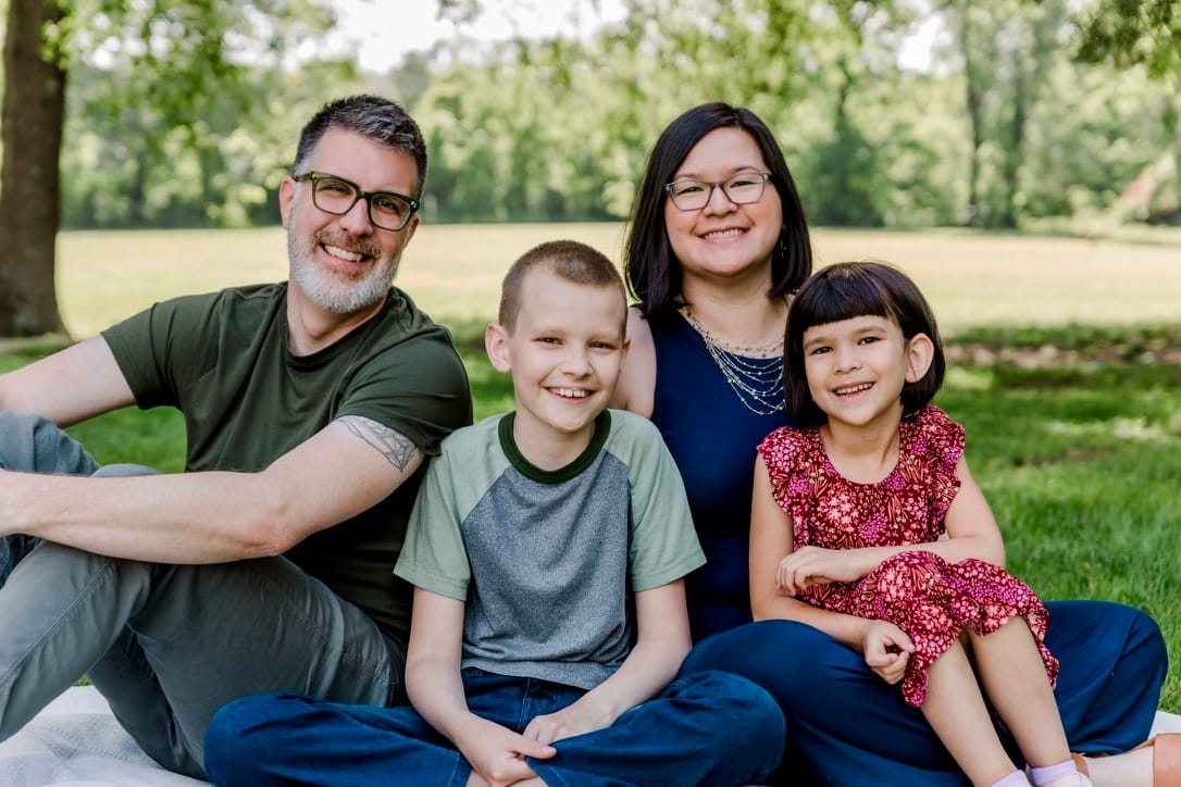 Family photo in a park during springtime